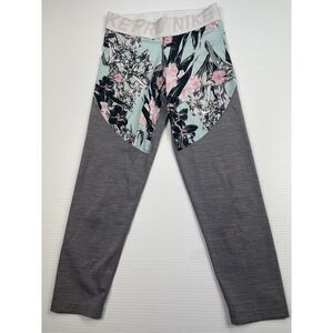Nike Pro Floral Print Athletic Leggings Grey Mint Workout Compression Pants‎ M
